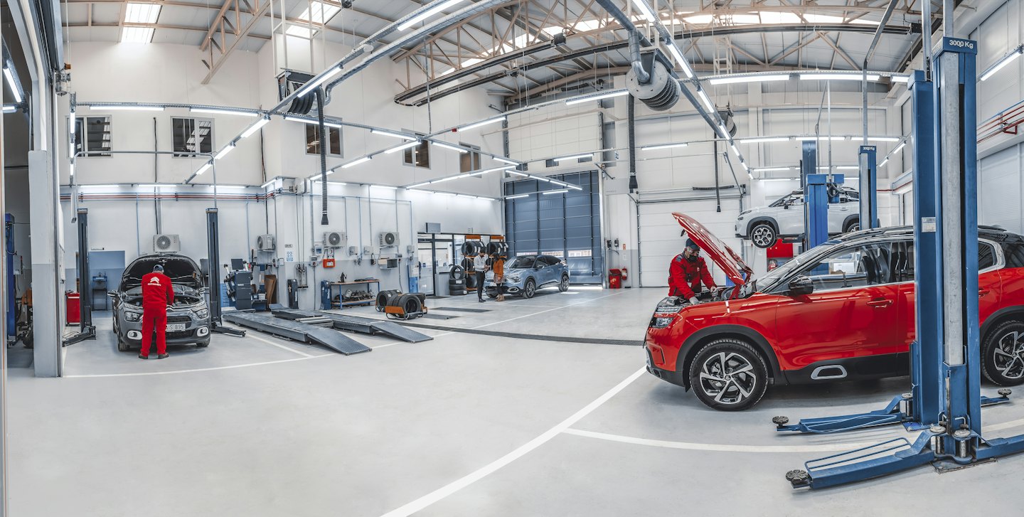 Mechanics working on SUVs in a modern auto repair shop.